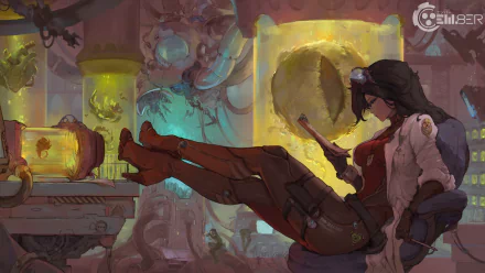 A Sci-Fi laboratory scene features a woman in futuristic attire relaxing with her boots up, surrounded by glowing equipment and scientific devices in 4K Ultra HD detail.