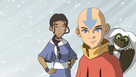 HD PC desktop wallpaper of Avatar: The Last Airbender anime featuring Aang in the foreground, Katara behind him, and Momo perched on his shoulder against a snowy background.