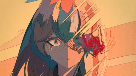 Anime-style original artwork of a character with blue eyes and a red flower, designed as an HD PC desktop wallpaper and background.