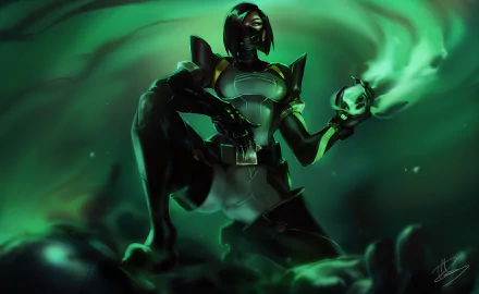 HD PC desktop wallpaper featuring Viper from Valorant, showcasing her in a dark, green-hued environment with toxic gas effects, reflecting the game's intense atmosphere.