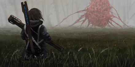Anime-style HD desktop wallpaper depicting a black-haired character with weapons facing a large, ominous creature in a foggy, grassy field.