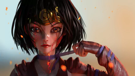 Detailed 4K Ultra HD anime wallpaper featuring Mumei from Kabaneri of the Iron Fortress with intense expression and glowing embers illuminating her face.