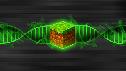 HD PC desktop wallpaper featuring a glowing Minecraft grass block with green DNA strands in the background, blending video game and science themes.