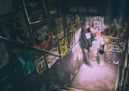 Anime-style HD desktop wallpaper depicting a person standing by stairs, surrounded by posters, emitting cigarette smoke in a dimly lit urban setting.