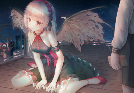 4K Ultra HD anime original desktop wallpaper: winged girl kneeling on a rooftop at night, soft moonlight, a nearby figure holding a phone — anime night atmosphere