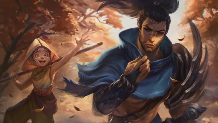 HD PC desktop wallpaper of Yasuo (League of Legends) — the wind-scarred swordsman strides through autumn leaves with a laughing child, video game artwork.