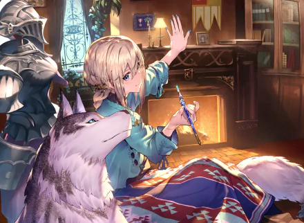 HD PC desktop wallpaper: original anime scene of a blonde, purple‑eyed artist in a cozy room, sketching by a fireplace with a large wolf companion.