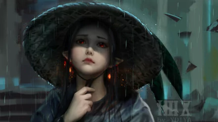HD fantasy desktop wallpaper featuring a somber elf woman with red eyes wearing a large, textured hat in a rainy, moody atmosphere.