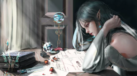 HD PC desktop wallpaper: fantasy elf woman at a desk, studying maps and books beside a crystal orb bathed in soft window light.