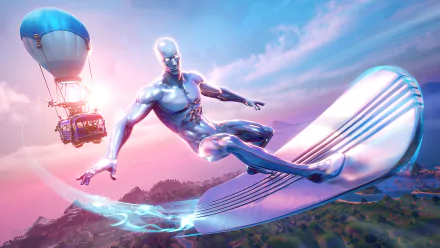 Silver Surfer in Fortnite-style 4K Ultra HD PC desktop wallpaper and background: chrome hero riding a cosmic surfboard over a colorful island at sunset with a floating glider.
