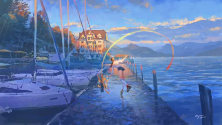 Anime original HD PC desktop wallpaper depicting two girls playing with ribbons on a lakeside dock at sunset, with sailboats and a large house in the background.