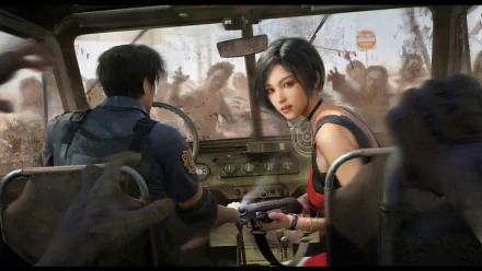 HD PC desktop wallpaper from Resident Evil 2 (2019) video game, showing two characters inside a vehicle surrounded by zombies outside the windows.