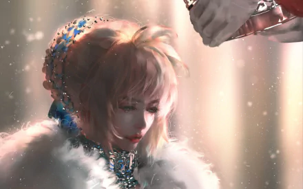 HD anime wallpaper featuring Saber from Fate/Stay Night, depicted with soft lighting and intricate details in her attire and expression.