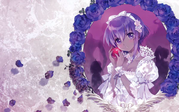 Anime-style Assassin from Fate/Grand Order with short purple hair and striking purple eyes, holding an apple, framed by dark purple roses in a 4K Ultra HD desktop wallpaper.