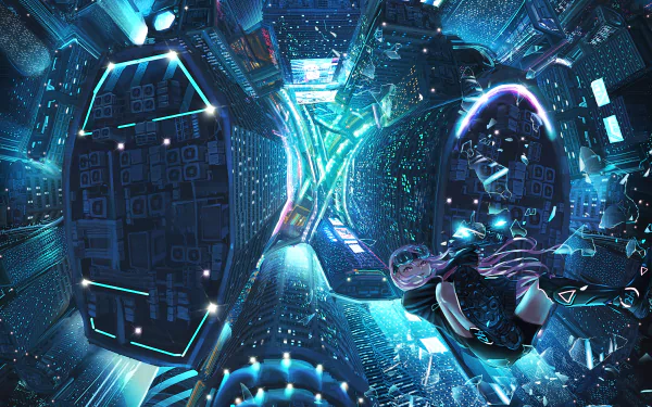 Anime-style pink-haired figure falling through a glowing futuristic cityscape at night, surrounded by towering skyscrapers in a vivid, high-definition scene.