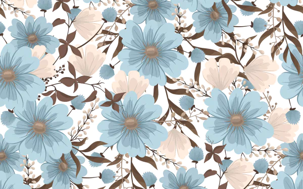 Artistic 8K Ultra HD PC desktop wallpaper/background of repeating blue and cream flowers with brown leaves in a delicate botanical pattern.