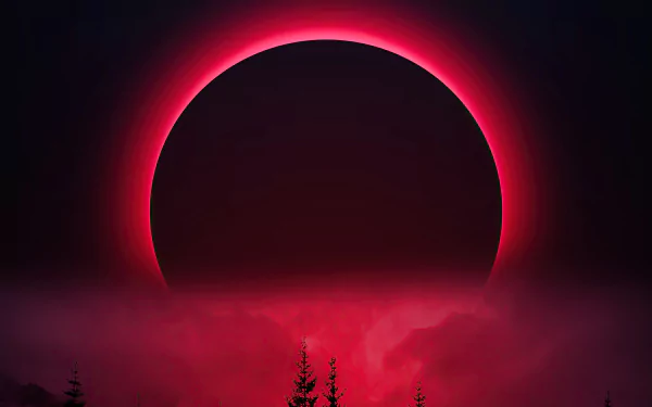 Artistic 4K Ultra HD PC desktop wallpaper featuring a glowing red moon partially obscured by mist above silhouetted trees.