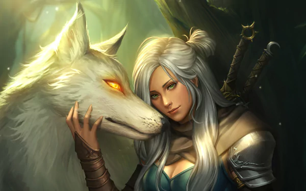 A white-haired woman warrior with swords on her back shares a close moment with a glowing-eyed white wolf in a fantasy forest setting, rendered in 4K Ultra HD.