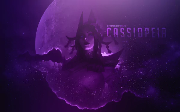 Cassiopeia, from the video game League of Legends, emerges from a purple moonlit nebula with glowing eyes and a serpentine crown — 4K Ultra HD PC desktop wallpaper and background.
