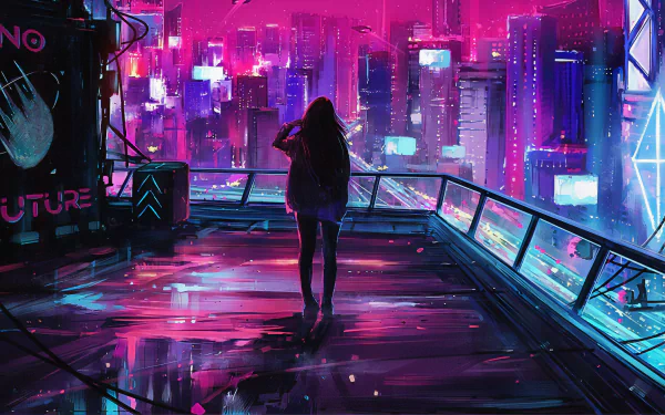 A woman stands on a balcony overlooking a vibrant cyberpunk cityscape, illuminated by colorful neon lights, capturing a futuristic sci-fi atmosphere in stunning 4K Ultra HD.