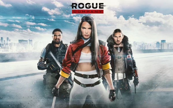 HD wallpaper of Rogue Company featuring three armed characters ready for action against an urban skyline background.