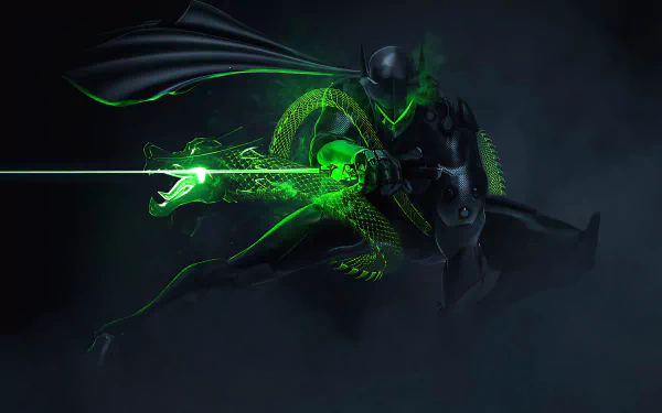 4K Ultra HD PC wallpaper featuring Genji from Overwatch, depicted with glowing green cybernetic elements and a digital dragon swirling around him in a dark, futuristic style.