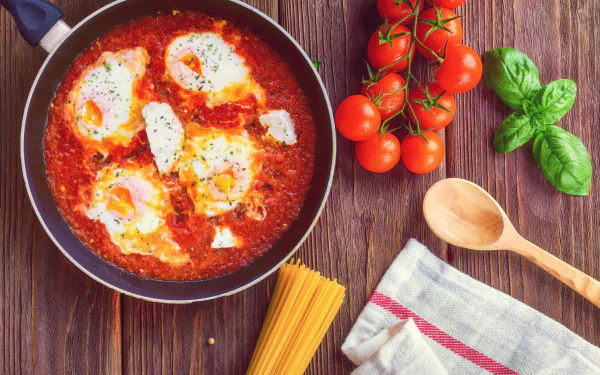  Greek Shakshuka on a Wooden Board by Dana Tentis