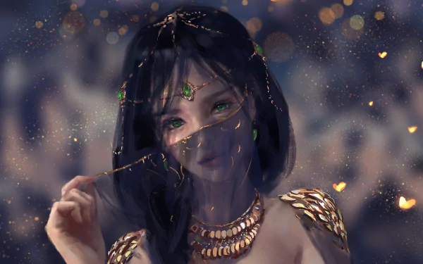 HD desktop wallpaper featuring an enchanting character from GhostBlade adorned in intricate jewelry, holding a delicate veil over her face, set against a softly blurred, glowing background.