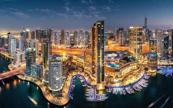 Man Made Dubai Cities United Arab Emirates Road Water Night City Building Skyscraper Boat Yacht HD Wallpaper | Background Image