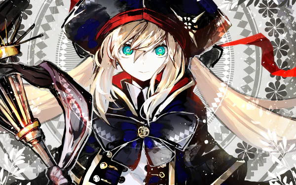 HD PC desktop wallpaper featuring Artoria Caster from the anime Fate/Grand Order, showcasing her in detailed attire with vibrant blue eyes and dynamic background elements.