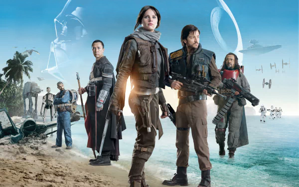 4K Ultra HD desktop wallpaper featuring Jyn Erso and key characters from Star Wars Rogue One, with the Death Star and Darth Vader in the background.