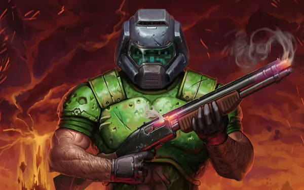 Doom marine in green armor grips a smoking shotgun amid blazing hellfire — intense video game warrior wallpaper, 2K Quad HD PC desktop background.