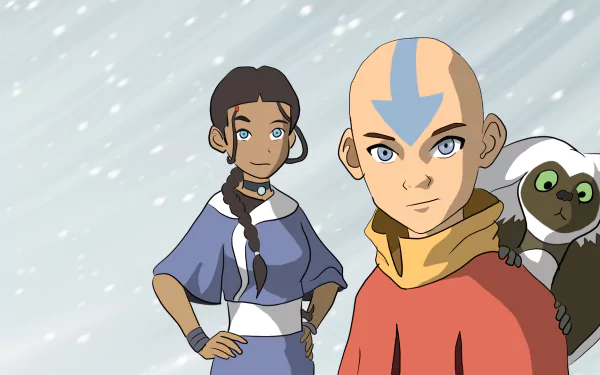 HD PC desktop wallpaper of Avatar: The Last Airbender anime featuring Aang in the foreground, Katara behind him, and Momo perched on his shoulder against a snowy background.
