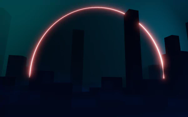 Minimalist Blender 3D artistic city skyline in deep teal and navy with a glowing neon-pink arc over skyscrapers — 4K Ultra HD PC desktop wallpaper.