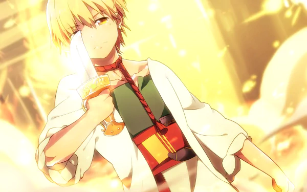 Alibaba Saluja from the anime Magi: The Labyrinth of Magic, bathed in golden light with a white cloak and green tunic, hand raised — HD PC desktop wallpaper and background.