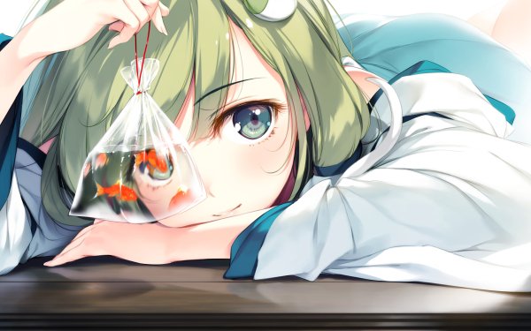 Anime Touhou Sanae Kochiya Aqua Eyes Face Fish Green Hair HD Wallpaper | Background Image