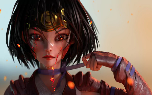 Detailed 4K Ultra HD anime wallpaper featuring Mumei from Kabaneri of the Iron Fortress with intense expression and glowing embers illuminating her face.