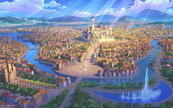 HD PC desktop wallpaper from the video game Shining Nikki, showcasing a vibrant, expansive city with a grand castle at its center under a bright sky.