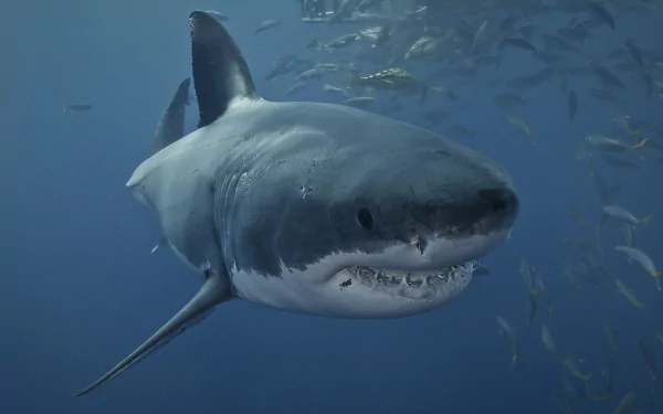 HD underwater image of a great white shark swimming among schools of fish, showcasing powerful sea life in its natural ocean habitat.