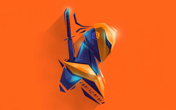 Stylized low-poly Deathstroke bust with sword on a vivid orange field — DC Comics comic 4K Ultra HD PC desktop wallpaper and background.