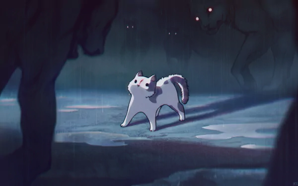 An HD anime wallpaper featuring a wounded cat standing in the rain, surrounded by dark, ominous figures with glowing red eyes in the background.