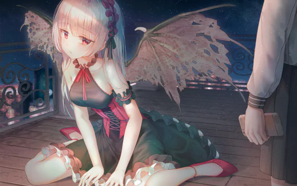 4K Ultra HD anime original desktop wallpaper: winged girl kneeling on a rooftop at night, soft moonlight, a nearby figure holding a phone — anime night atmosphere