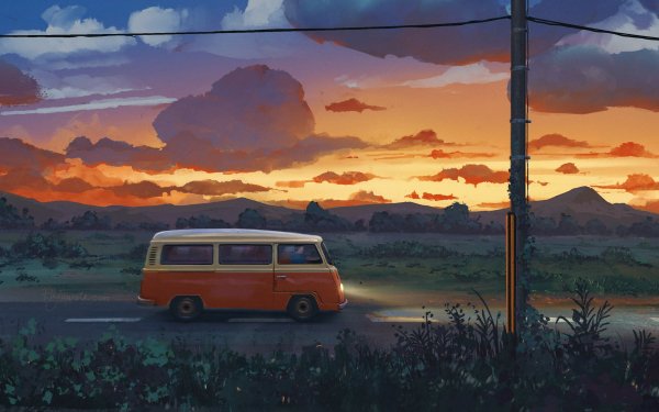 Anime Original Sunset Bus HD Wallpaper | Background Image