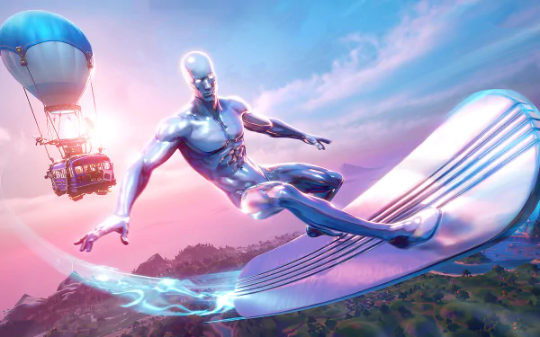 Silver Surfer in Fortnite-style 4K Ultra HD PC desktop wallpaper and background: chrome hero riding a cosmic surfboard over a colorful island at sunset with a floating glider.