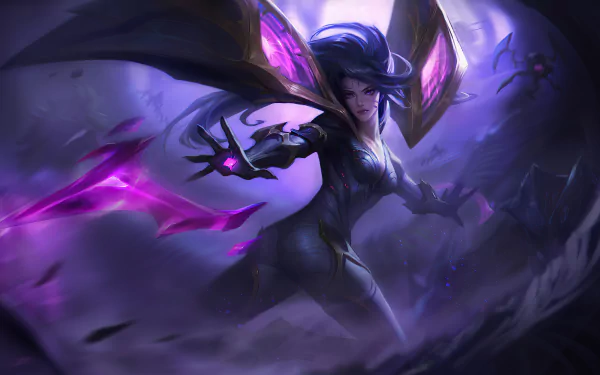 HD PC desktop wallpaper of Kai'Sa from League of Legends, featuring the champion in dynamic motion with glowing purple energy effects.