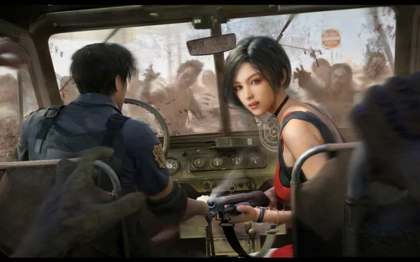 HD PC desktop wallpaper from Resident Evil 2 (2019) video game, showing two characters inside a vehicle surrounded by zombies outside the windows.