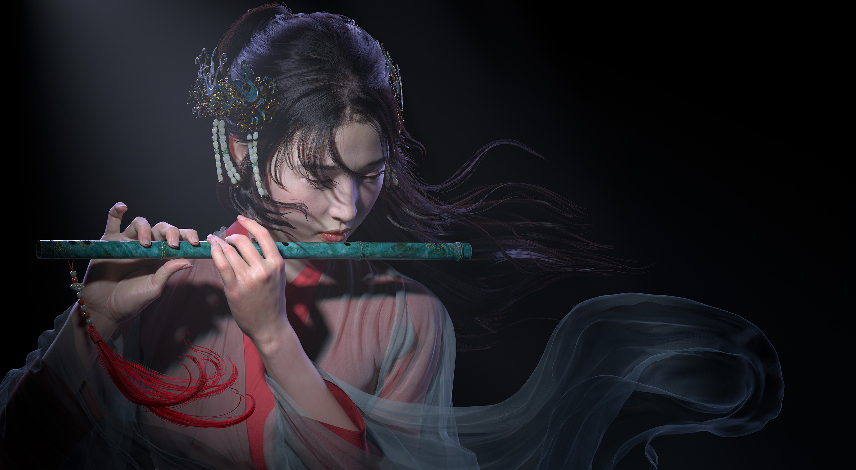 Woman Playing the Flute by Qi Sheng Luo