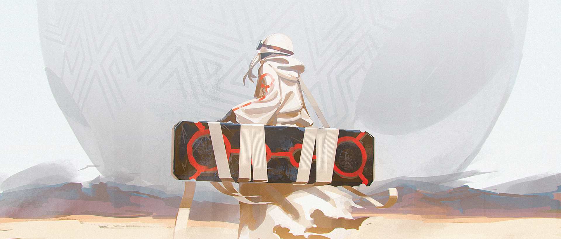 Anime original HD PC desktop wallpaper: a cloaked figure in a white helmet faces away on a sunlit plain, carrying a black board with red circular markings against a pale sky.