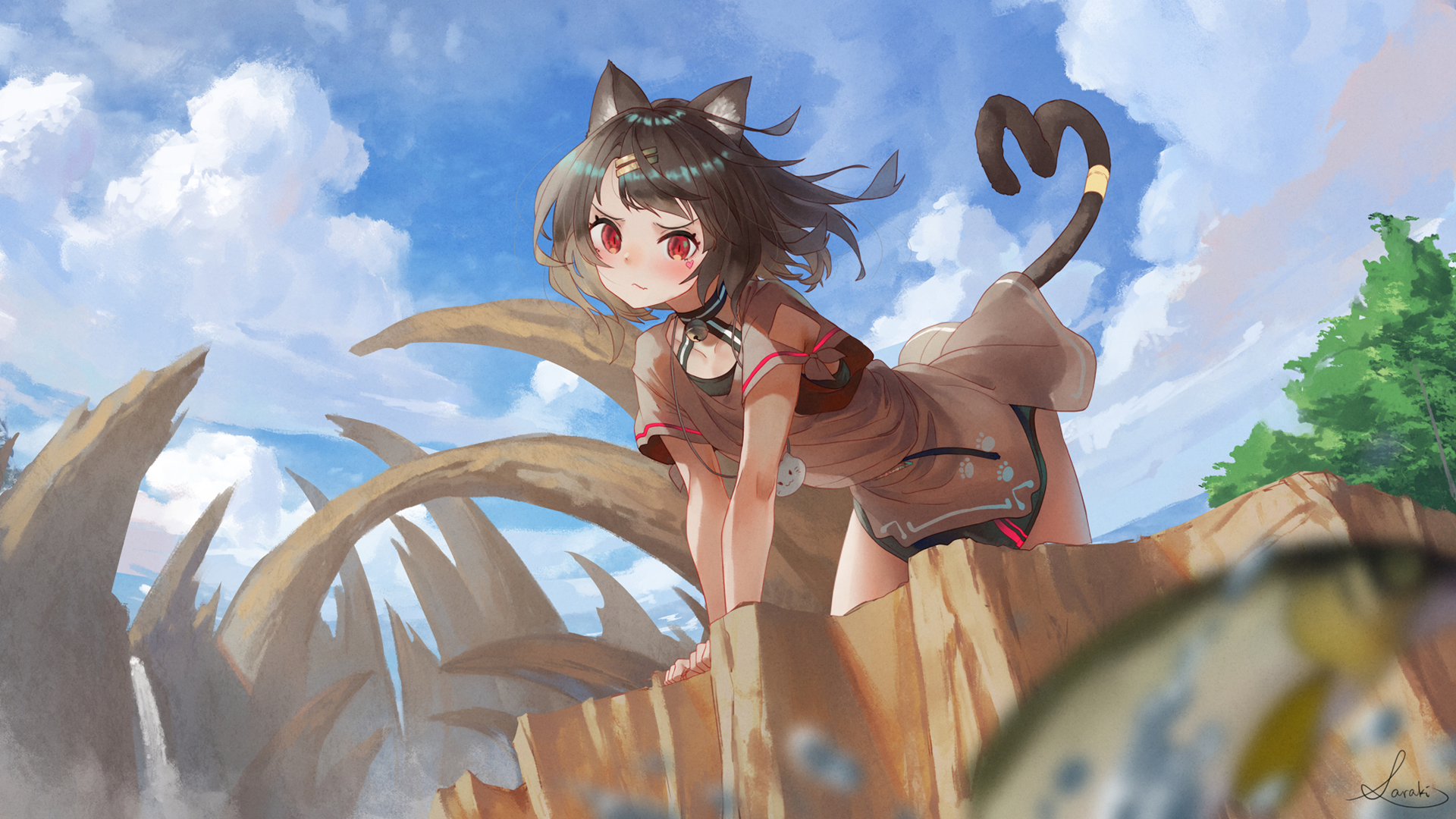 Original Anime HD PC desktop wallpaper/background: a girl with animal ears and a heart-shaped tail crouches on a wooden fence beneath a bright blue sky, playful expression and vibrant scenery.