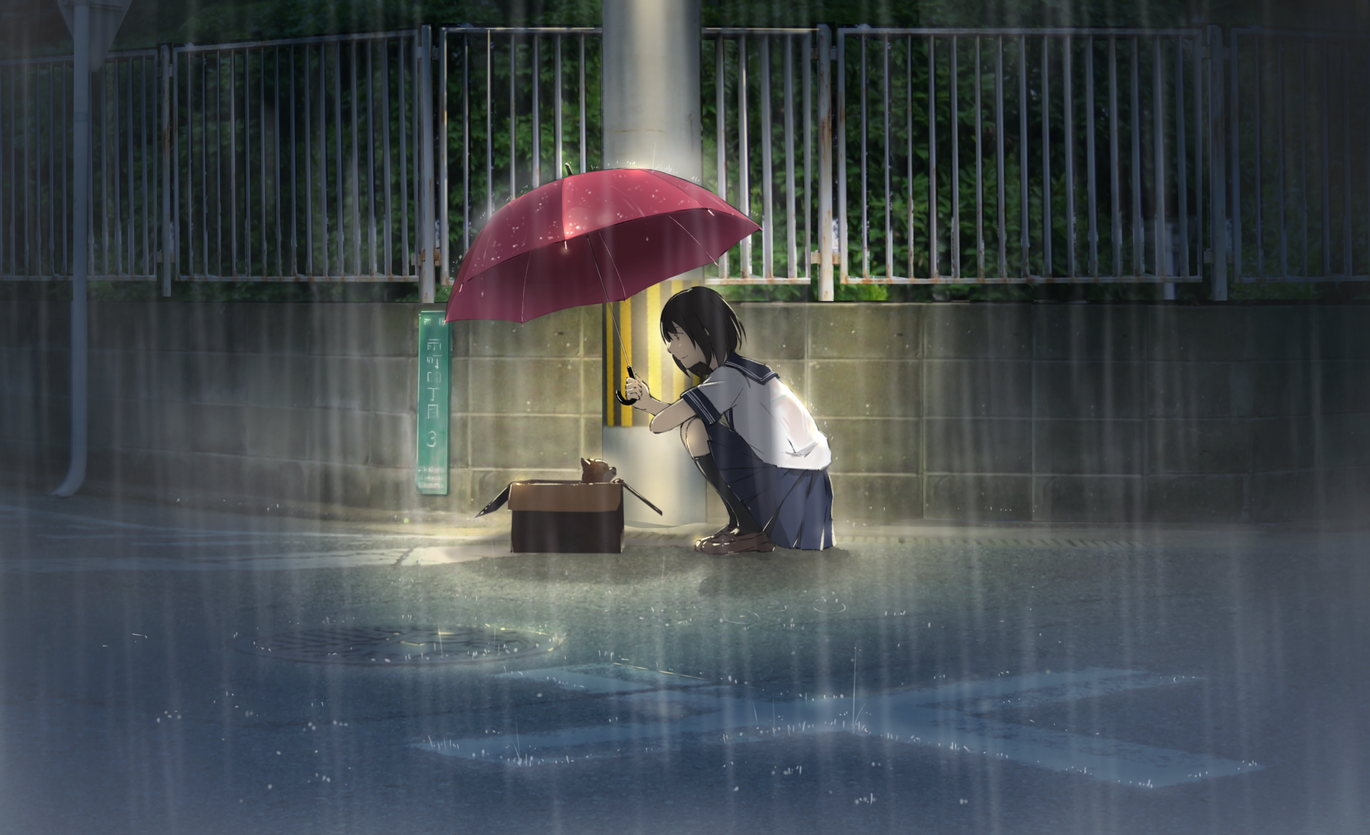 A serene Anime wallpaper featuring a figure with an umbrella under the rain at night, creating a peaceful and contemplative scene.